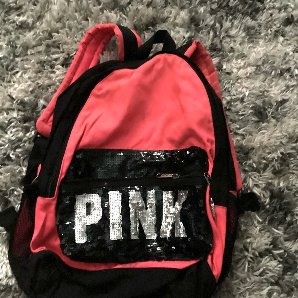 PINK Victoria’s Secret Backpack – Sequin Logo – Pink & Black